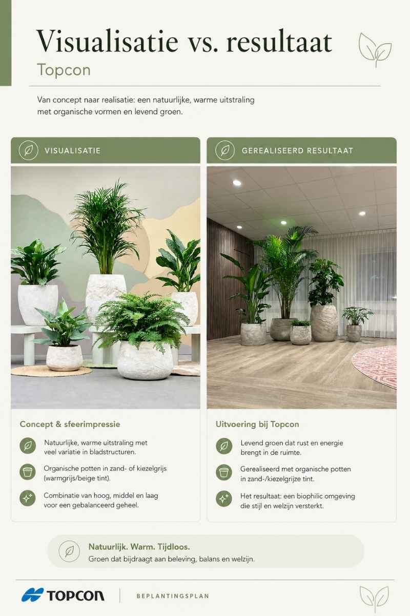 De visualisatie uit het beplantingsplan De visualisatie uit het beplantingsplan naast het gerealiseerde resultaat bij Topcon