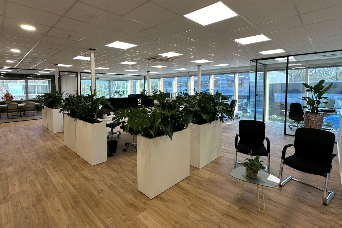 Kantoorruimte met plantenbakken als scheidingswand tussen de werkplekken